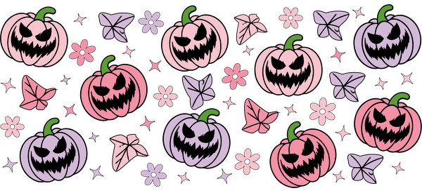 A playful pattern featuring whimsical, smiling pumpkins in pink and purple surrounded by flowers and butterflies, perfect for Halloween decor.UV Transfers heat press transfers