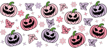 A playful pattern featuring whimsical, smiling pumpkins in pink and purple surrounded by flowers and butterflies, perfect for Halloween decor.UV Transfers heat press transfers