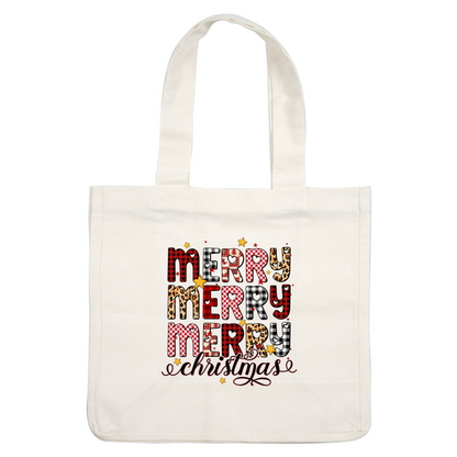 Festive "Merry Christmas" design featuring vibrant, patterned letters and playful stars, perfect for holiday cheer and celebrations.dtf regular iron