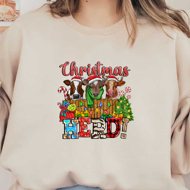 Celebrate the holidays with this festive design featuring cute cows in Santa hats, surrounded by gifts, a tree, and cheerful decorations!DTF Transfersdtf regular irondtf regular iron