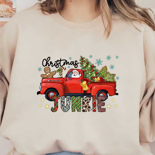 A cheerful vintage red truck features Santa surrounded by festive decorations, including a Christmas tree, gingerbread man, and vibrant letters spelling "JUNKIE."DTF Transfers dtf prints