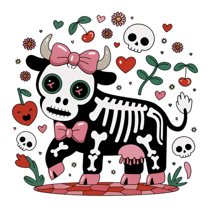 Una caprichosa vaca esqueleto adornada con un lazo rosa, rodeada de flores de colores, corazones y calaveras divertidas.