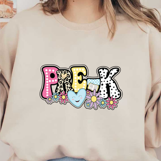 Colorful "Pre-K" design featuring playful letters, a smiling heart, and cheerful flowers, perfect for a preschool theme!DTF Transfers
