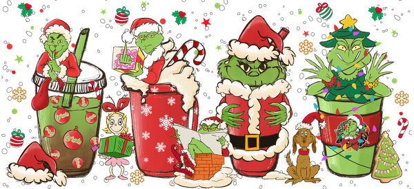 Celebrate the holiday spirit with a fun Grinch-themed illustration featuring the iconic character in festive attire and various cheerful poses!UV Transfers dtf transfers