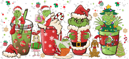 Celebrate the holiday spirit with a fun Grinch-themed illustration featuring the iconic character in festive attire and various cheerful poses!UV Transfers dtf transfers