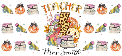 A vibrant and playful teacher-themed illustration featuring books, school supplies, and stylish patterns, celebrating the joy of education.UV Transfersdtf regular iron