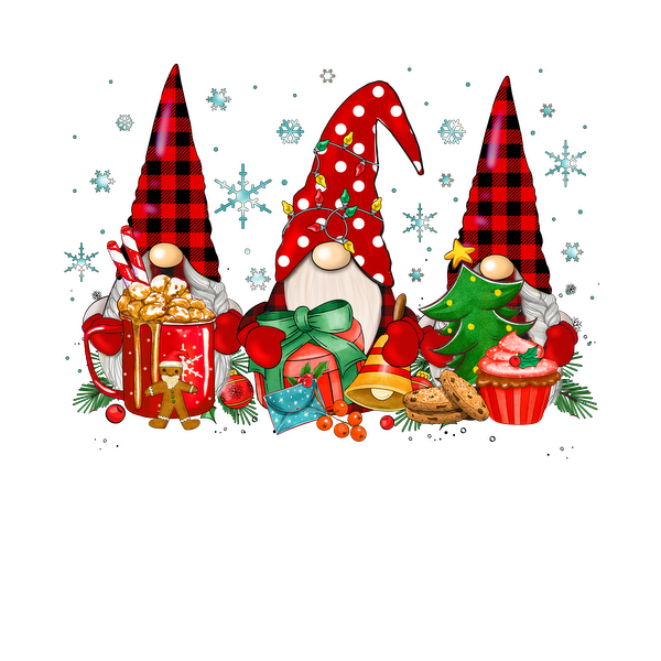 A festive illustration featuring three cheerful gnomes in red and black attire, surrounded by holiday treats and decorations.dtf regular iron