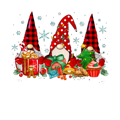 A festive illustration featuring three cheerful gnomes in red and black attire, surrounded by holiday treats and decorations.dtf regular iron