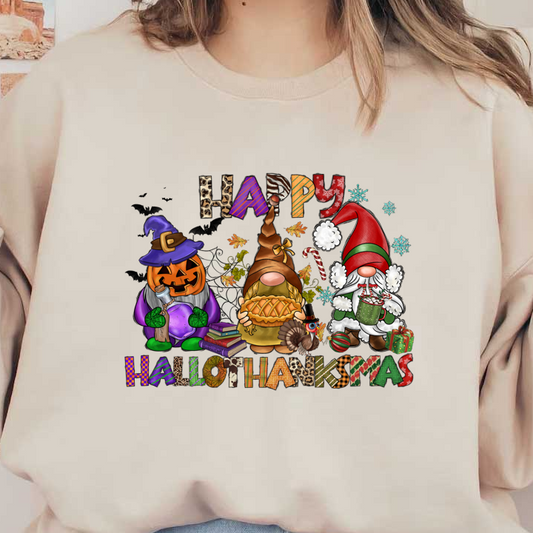 Celebrate the festive spirit with adorable gnomes, a pumpkin, and vibrant "Happy Hallothankmas" lettering, combining Halloween and Christmas cheer!DTF Transfers dtf prints