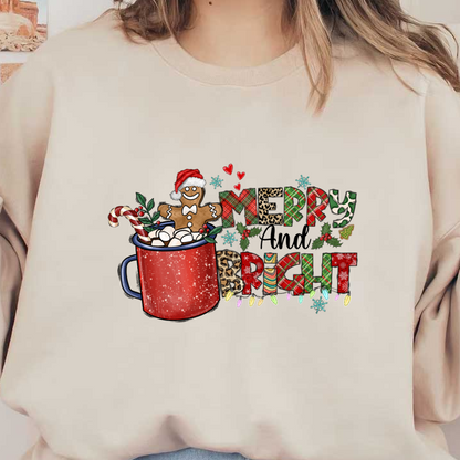 A festive design featuring a red mug with marshmallows and a gingerbread man, decorated with "Merry Bright" in colorful letters.DTF Transfersdtf regular iron