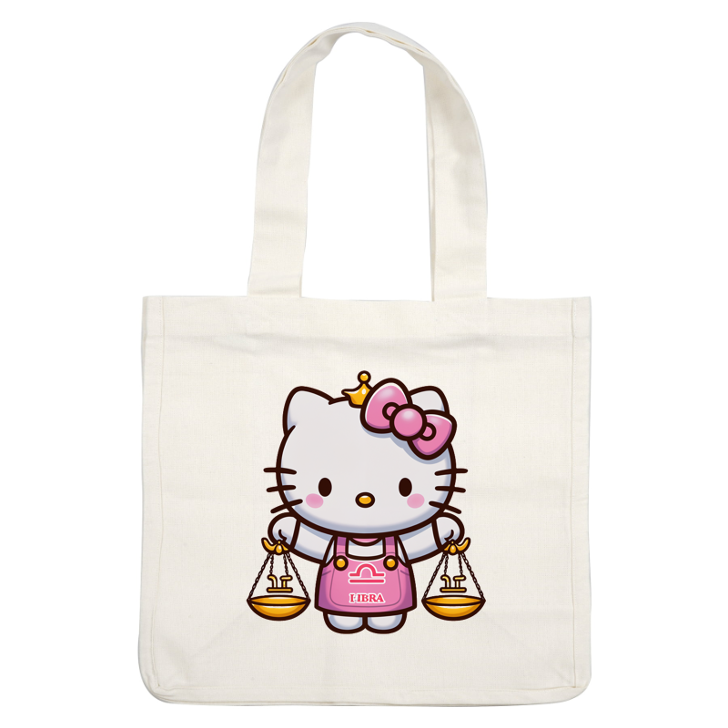 Hello Kitty is dressed in a pink apron with the Libra symbol, holding scales, and wearing her signature bow.DTF Transfers dtf prints