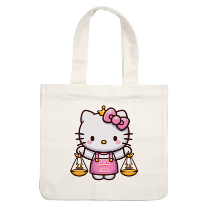 Hello Kitty is dressed in a pink apron with the Libra symbol, holding scales, and wearing her signature bow.DTF Transfers dtf prints