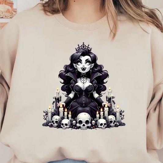 Una glamorosa diosa vampiro adornada con un vestido negro, rodeada de calaveras y velas parpadeantes, irradiando elegancia oscura.