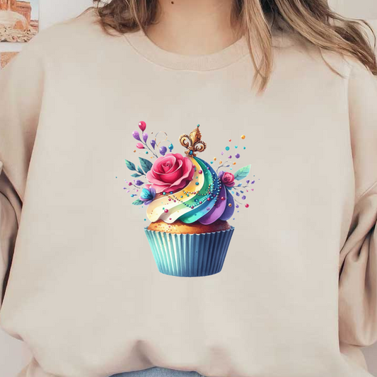 A beautifully decorated cupcake featuring vibrant rainbow frosting, adorned with a pink rose and colorful floral accents.DTF Transfers