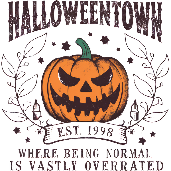 A playful Halloween-themed graphic featuring a smiling pumpkin, surrounded by stars and foliage, celebrating the spirit of Halloweentown since 1998. dtf prints dtf transfers