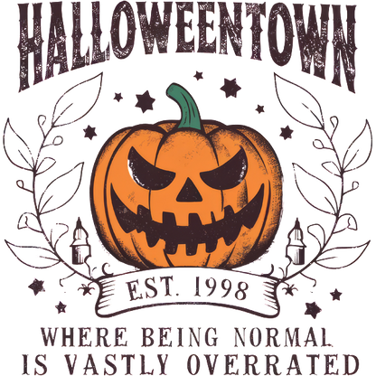 A playful Halloween-themed graphic featuring a smiling pumpkin, surrounded by stars and foliage, celebrating the spirit of Halloweentown since 1998. dtf prints dtf transfers