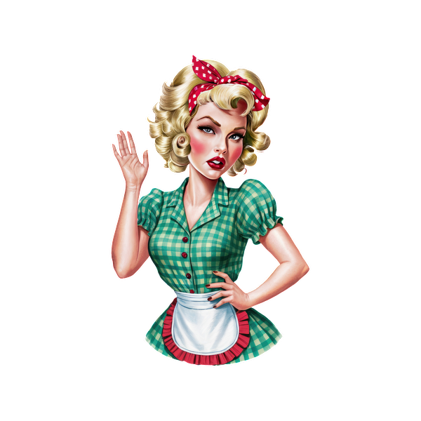 A vintage-style pin-up girl in a green checkered dress and apron, playfully waving with a retro hairdo and headband. heat press transfers