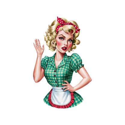 A vintage-style pin-up girl in a green checkered dress and apron, playfully waving with a retro hairdo and headband. heat press transfers