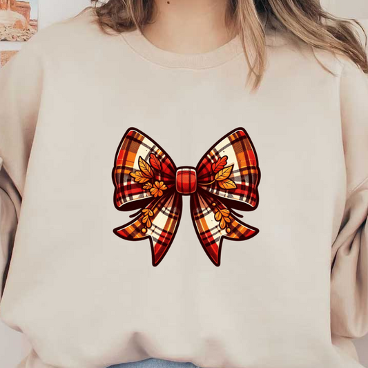 A vibrant plaid bow features autumn colors and delicate floral accents, perfect for seasonal decorations or fashion accessories. heat press transfers