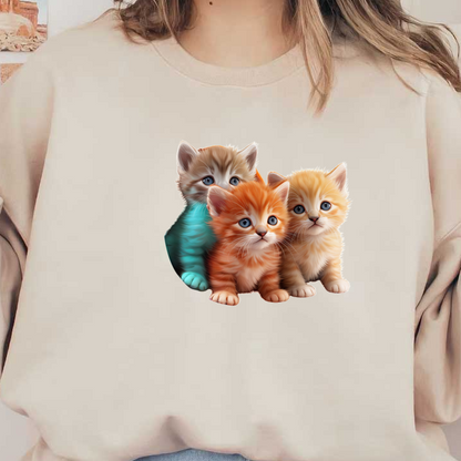 Un encantador trío de adorables gatitos, compuesto por un juguetón gato atigrado naranja, uno esponjoso color crema y un compañero verde azulado único.