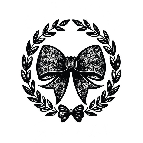 Un elegante diseño en blanco y negro que presenta un lazo de encaje, enmarcado por una corona de laurel, con "Spooky Bitch Social Club".