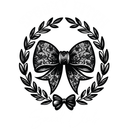 Un elegante diseño en blanco y negro que presenta un lazo de encaje, enmarcado por una corona de laurel, con "Spooky Bitch Social Club".