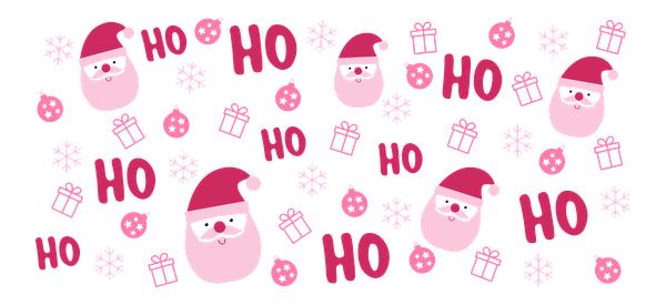 A cheerful holiday pattern featuring playful Santa faces, festive "HO" text, snowflakes, and wrapped gifts in pink tones.UV Transfers