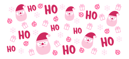 A cheerful holiday pattern featuring playful Santa faces, festive "HO" text, snowflakes, and wrapped gifts in pink tones.UV Transfers