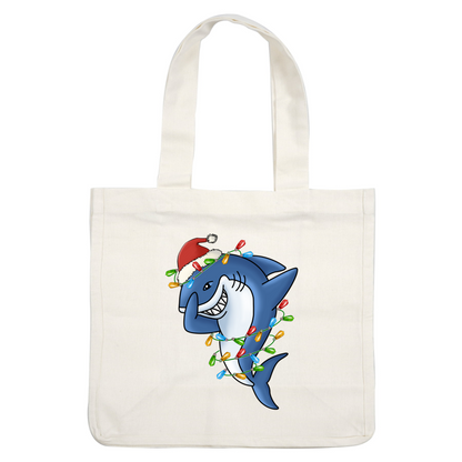 A playful cartoon shark wearing a Santa hat and decorated with colorful Christmas lights, exuding festive cheer. heat press transfers