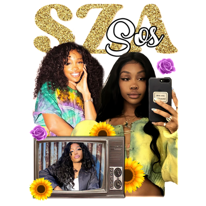 Un collage vibrante que presenta a SZA con atuendos coloridos, detalles florales y un televisor retro que muestra su estilo y presencia. Transferencias DTF