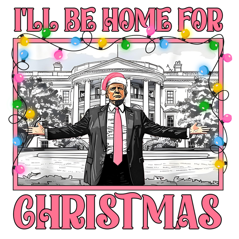 A festive design featuring a figure in a suit and Santa hat in front of a white building, surrounded by colorful Christmas lights.DTF Transfersdtf regular irondtf regular iron