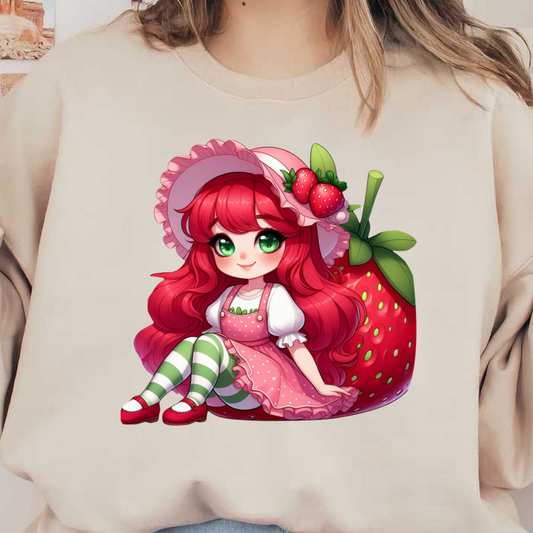 A whimsical character with long red hair, dressed in a pink polka-dot dress and striped leggings, sits next to a giant strawberry.DTF Transfers