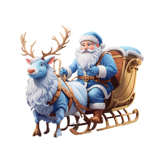 A cheerful Santa in a blue outfit rides a whimsical blue reindeer-drawn sleigh, embodying the festive spirit of Christmas.DTF Transfers dtf prints