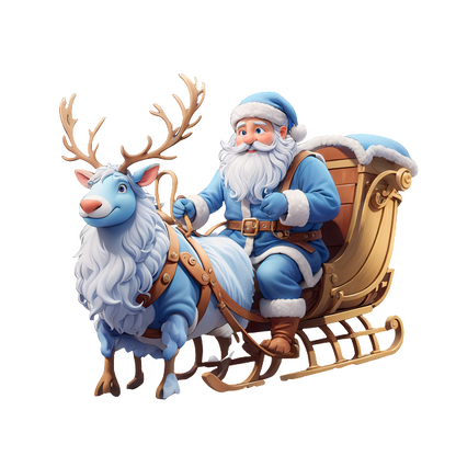 A cheerful Santa in a blue outfit rides a whimsical blue reindeer-drawn sleigh, embodying the festive spirit of Christmas.DTF Transfers dtf prints