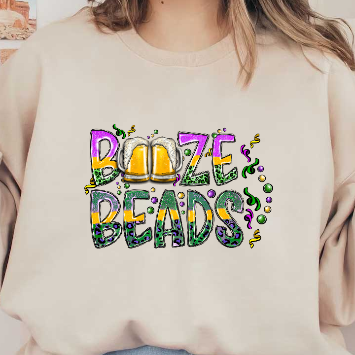 Celebrate fun times with this vibrant "Booze Beads" design featuring festive colors and two frothy beer mugs!DTF Transfers