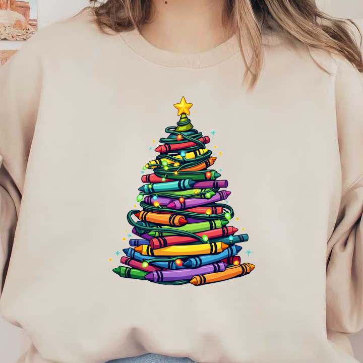 A vibrant holiday tree made of colorful crayon-like shapes, twinkling lights, and topped with a cheerful star.DTF Transfers