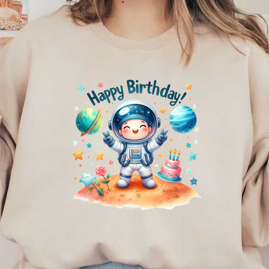 Celebrate in style with this adorable astronaut birthday illustration, complete with planets, stars, and a tasty birthday cake!DTF Transfers