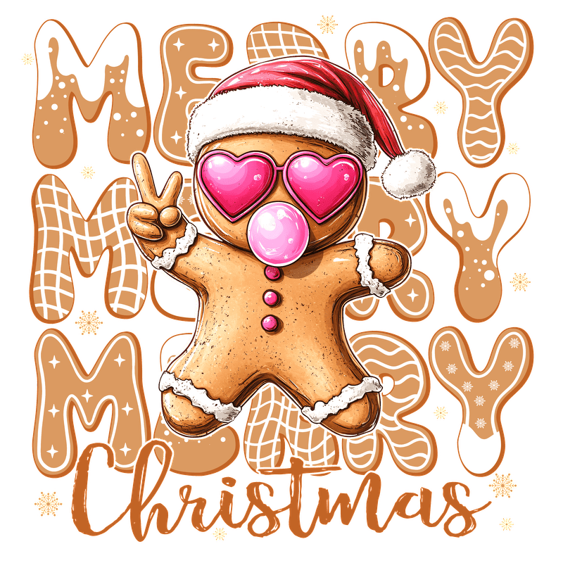 A cheerful gingerbread man in sunglasses and Santa hat wishes "Merry Christmas!"DTF Transfers