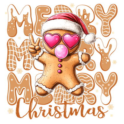 A cheerful gingerbread man in sunglasses and Santa hat wishes "Merry Christmas!"DTF Transfers