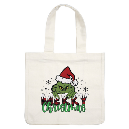 Cheerful holiday design featuring the Grinch in a Santa hat, expressing a playful "Merry Christmas" message with festive colors.DTF Transfers dtf transfers