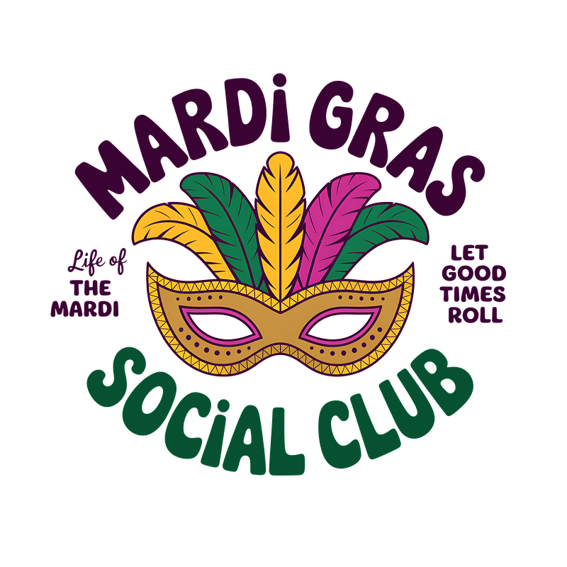 Celebrate Mardi Gras with this vibrant logo featuring a colorful mask, festive feathers, and the spirited phrase "Let Good Times Roll"!DTF Transfers