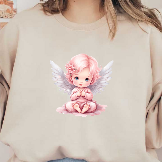 Adorable bebé ángel con cabello y alas rosas, vistiendo un suave traje rosa y sosteniendo sus manos juntas dulcemente.