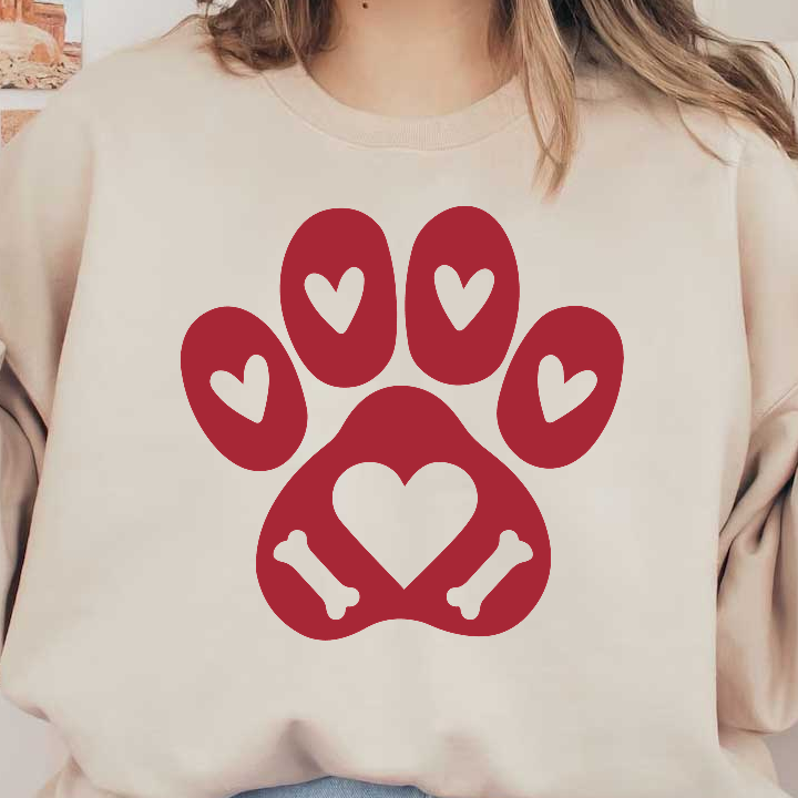A playful red paw print design featuring hearts and bones, symbolizing love for pets and animal companionship.DTF Transfers