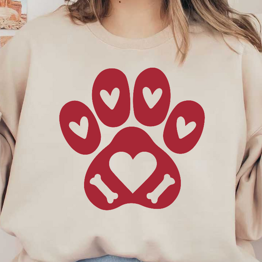 A playful red paw print design featuring hearts and bones, symbolizing love for pets and animal companionship.DTF Transfers