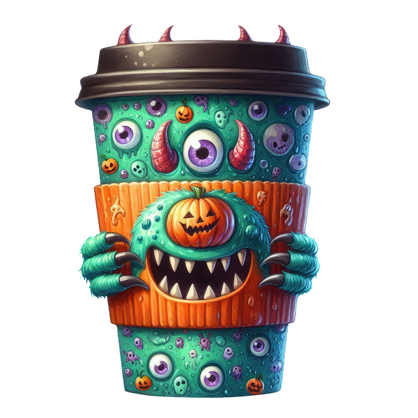 ¡Esta divertida taza de café presenta un diseño de monstruo con colores brillantes, ojos divertidos y una calabaza alegre, perfecta para Halloween!