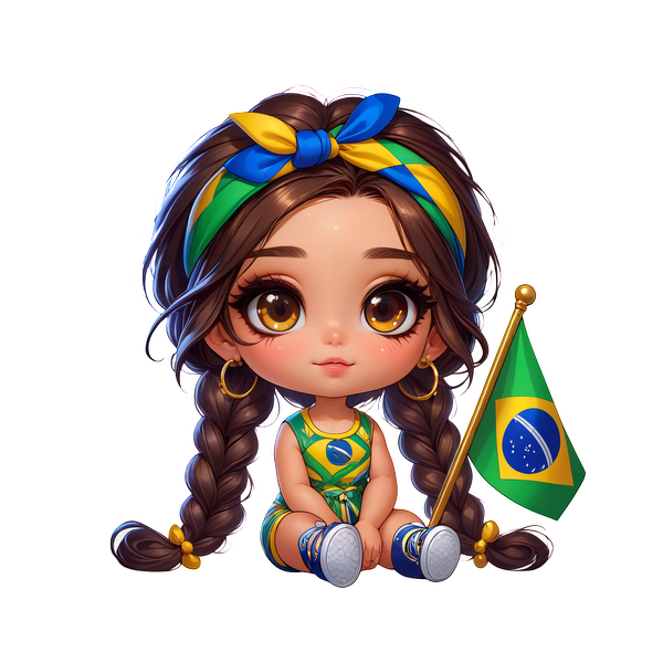 Una linda chica chibi con cabello trenzado y un atuendo colorido que sostiene una bandera brasileña e irradia espíritu festivo. Transferencias DTF