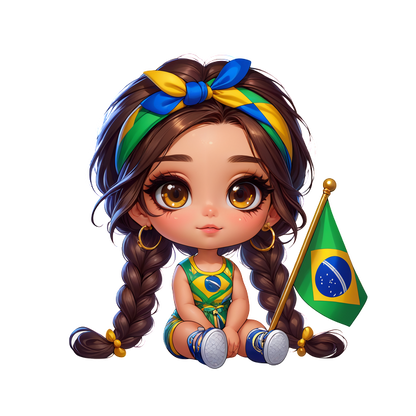 Una linda chica chibi con cabello trenzado y un atuendo colorido que sostiene una bandera brasileña e irradia espíritu festivo. Transferencias DTF