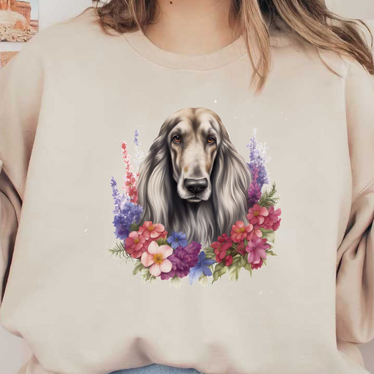 Un perro bellamente ilustrado rodeado de una vibrante variedad de flores coloridas, que muestra sus encantadoras características y su expresión serena.