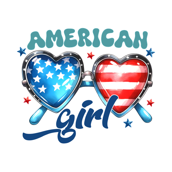 Vibrant graphic featuring heart-shaped glasses with American flag designs, accompanied by "AMERICAN girl" text in playful lettering.