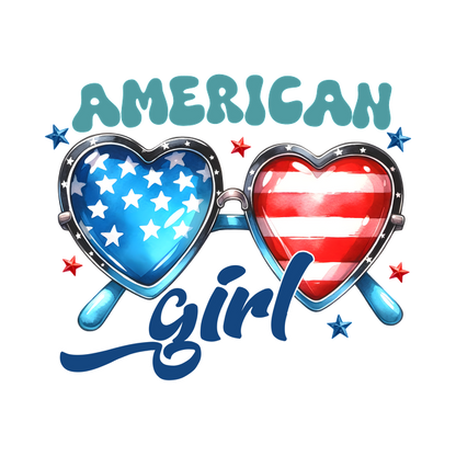 Vibrant graphic featuring heart-shaped glasses with American flag designs, accompanied by "AMERICAN girl" text in playful lettering.